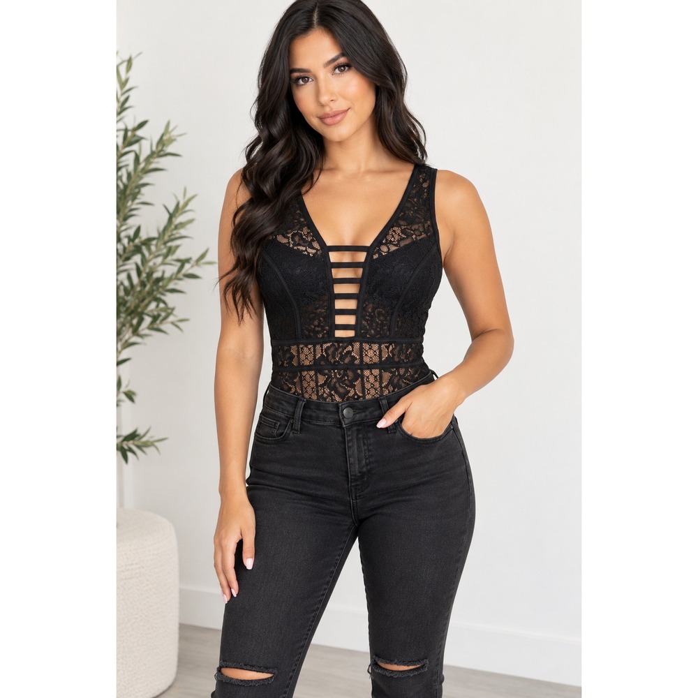 Black Lace V-Neck Cage Strap Bodysuit Sheer Mesh Back Sleeveless Top